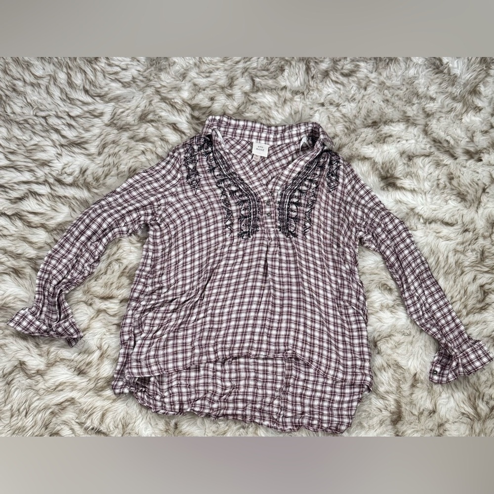 Knox Rose Boho Plaid Embroidered Tunic Top Burgundy Check w/Black Lace Detail